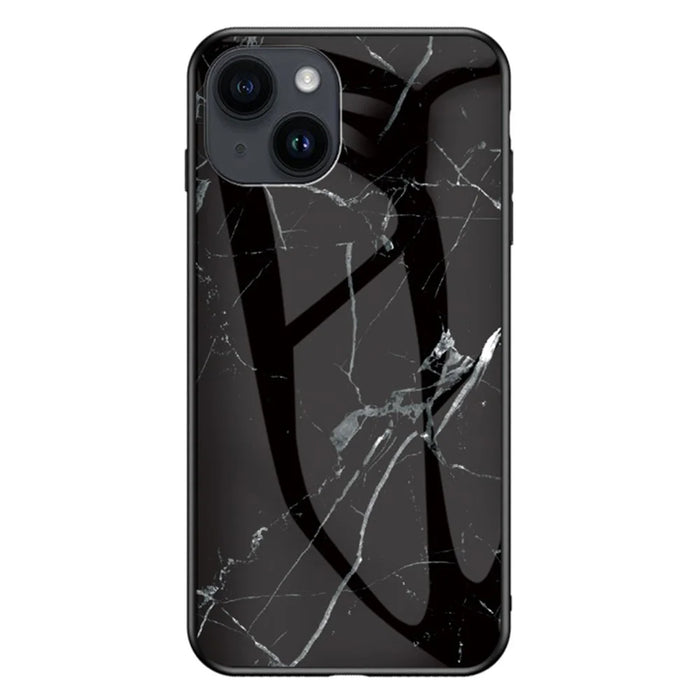 For iPhone 15 Marble Pattern Back Cover Tempered Glass+PC+TPU Anti-Scratch Phone Case - Black Marble - 1