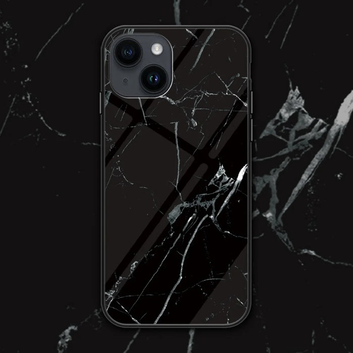 For iPhone 15 Marble Pattern Back Cover Tempered Glass+PC+TPU Anti-Scratch Phone Case - Black Marble - 2