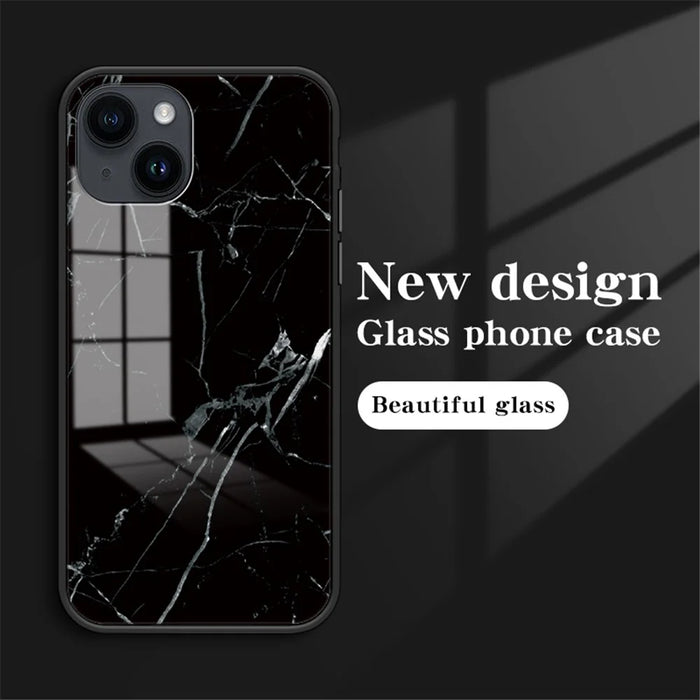 For iPhone 15 Marble Pattern Back Cover Tempered Glass+PC+TPU Anti-Scratch Phone Case - Black Marble - 3