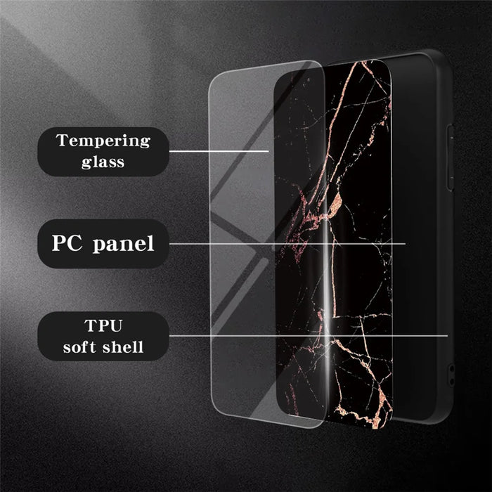 For iPhone 15 Marble Pattern Back Cover Tempered Glass+PC+TPU Anti-Scratch Phone Case - Black Marble - 5