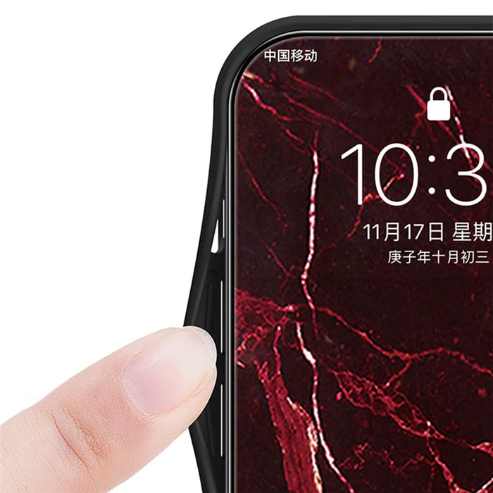 For iPhone 15 Marble Pattern Back Cover Tempered Glass+PC+TPU Anti-Scratch Phone Case - Black Marble - 6