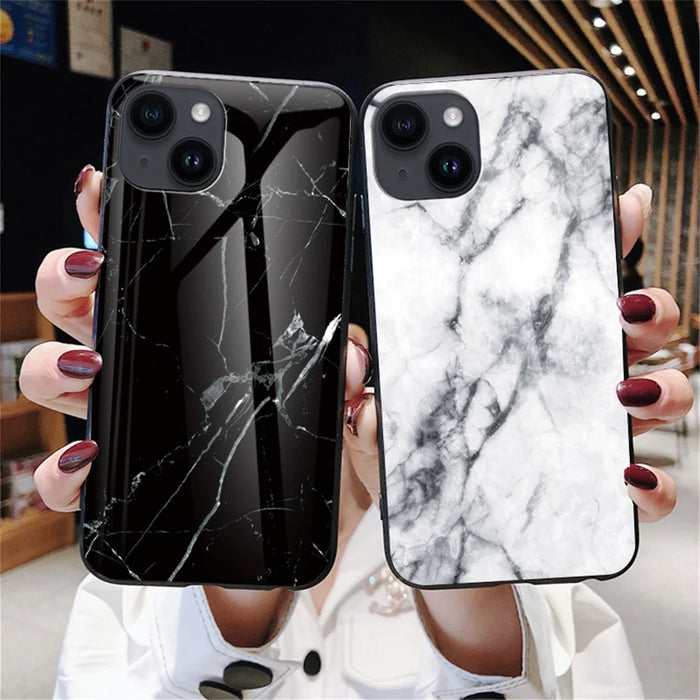 For iPhone 15 Marble Pattern Back Cover Tempered Glass+PC+TPU Anti-Scratch Phone Case - Black Marble - 7