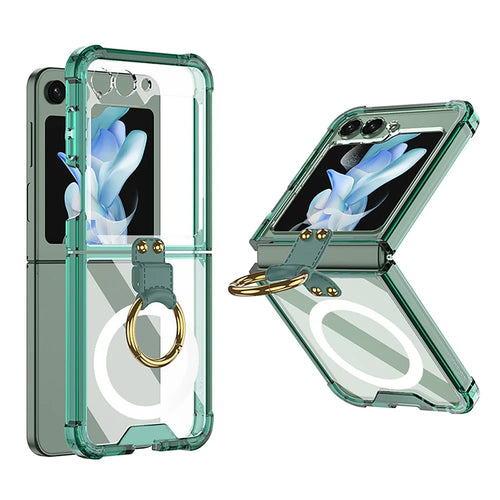 GKK For Samsung Galaxy Z Flip5 5G Kickstand Phone Case Airbag TPU Magnetic Cover - Transparent Green - 1