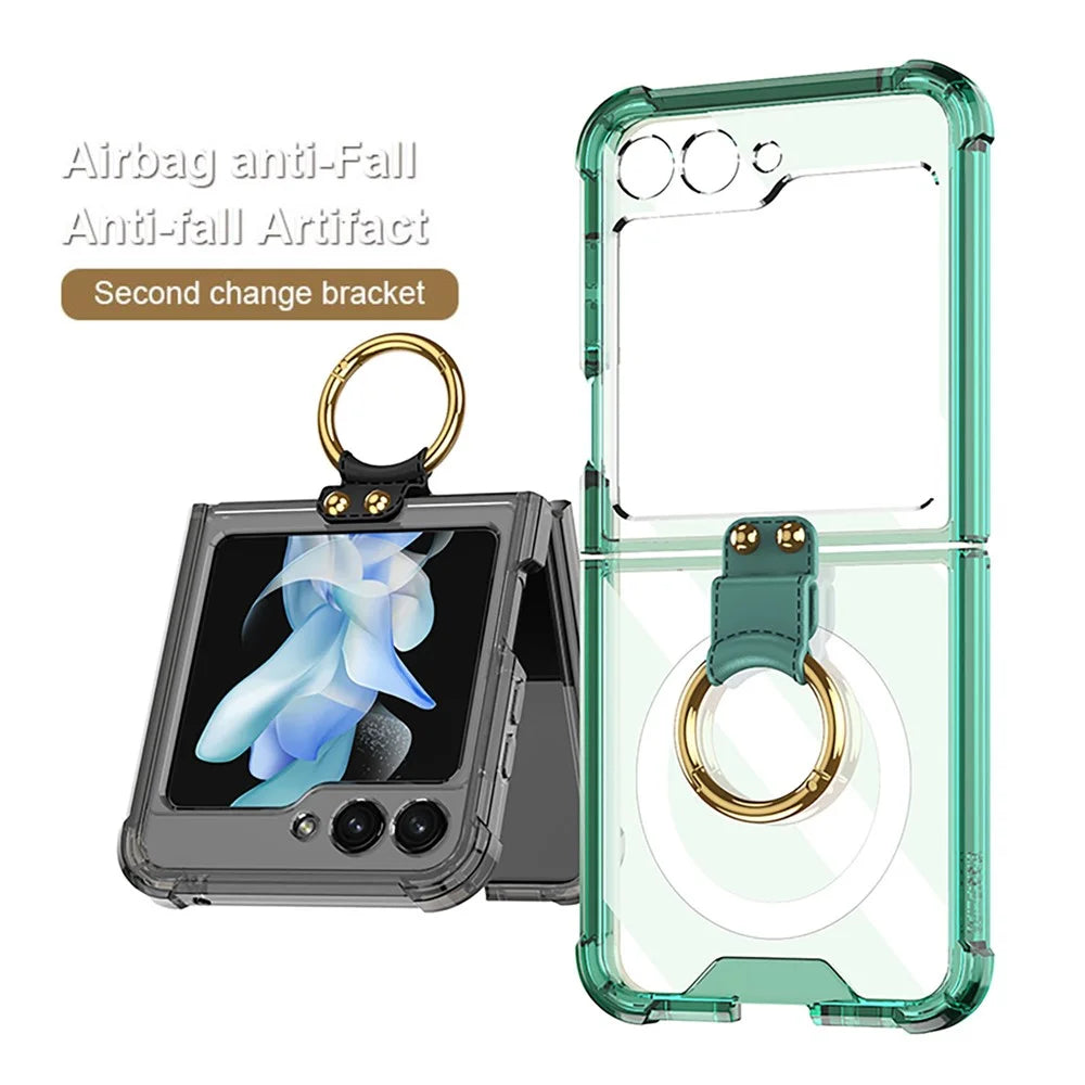 GKK For Samsung Galaxy Z Flip5 5G Kickstand Phone Case Airbag TPU Magnetic Cover - Transparent Green - 2