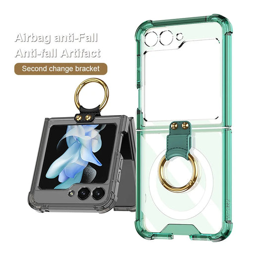 GKK For Samsung Galaxy Z Flip5 5G Kickstand Phone Case Airbag TPU Magnetic Cover - Transparent Green - 2