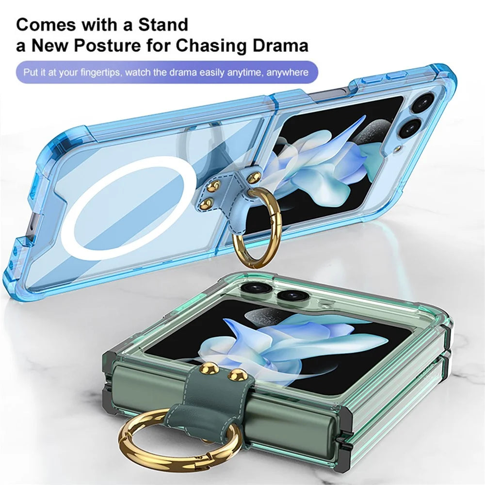 GKK For Samsung Galaxy Z Flip5 5G Kickstand Phone Case Airbag TPU Magnetic Cover - Transparent Green - 3