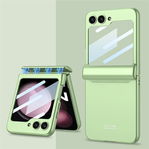 GKK For Samsung Galaxy Z Flip5 5G PC Phone Case Magnetic Hinge Protection Cover with Tempered Glass Small Screen Film - Matcha Green - 1