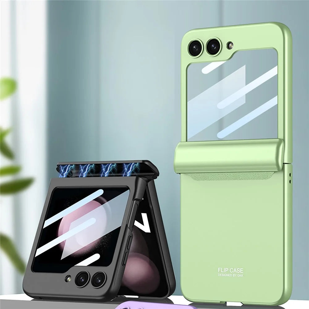 GKK For Samsung Galaxy Z Flip5 5G PC Phone Case Magnetic Hinge Protection Cover with Tempered Glass Small Screen Film - Matcha Green - 2