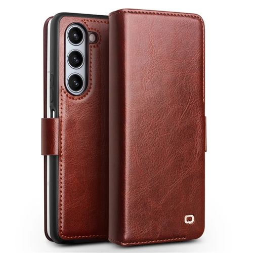 QIALINO Wallet Phone Case for Samsung Galaxy Z Fold5 5G TPU+Genuine Cow Leather Folio Flip Cover - Dark Brown - 1
