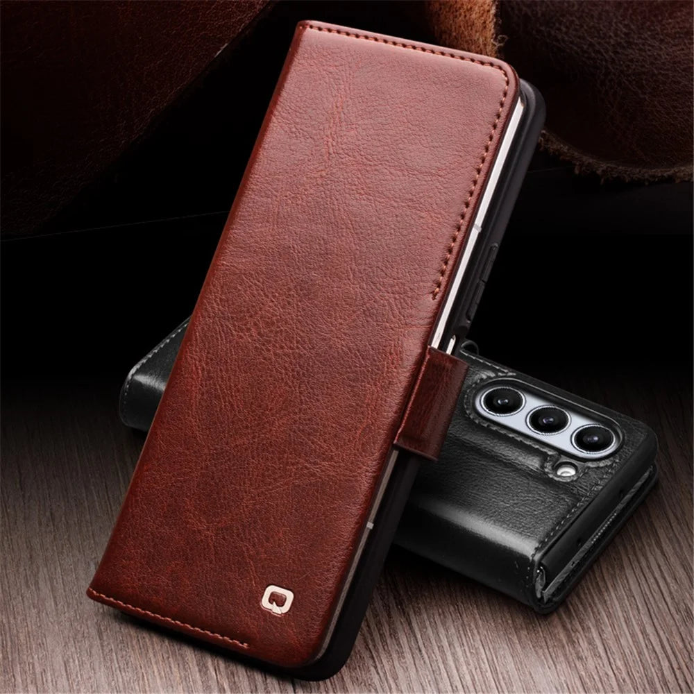 QIALINO Wallet Phone Case for Samsung Galaxy Z Fold5 5G TPU+Genuine Cow Leather Folio Flip Cover - Dark Brown - 3