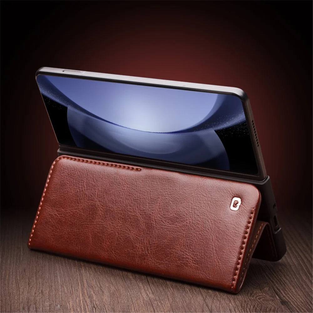 QIALINO Wallet Phone Case for Samsung Galaxy Z Fold5 5G TPU+Genuine Cow Leather Folio Flip Cover - Dark Brown - 4