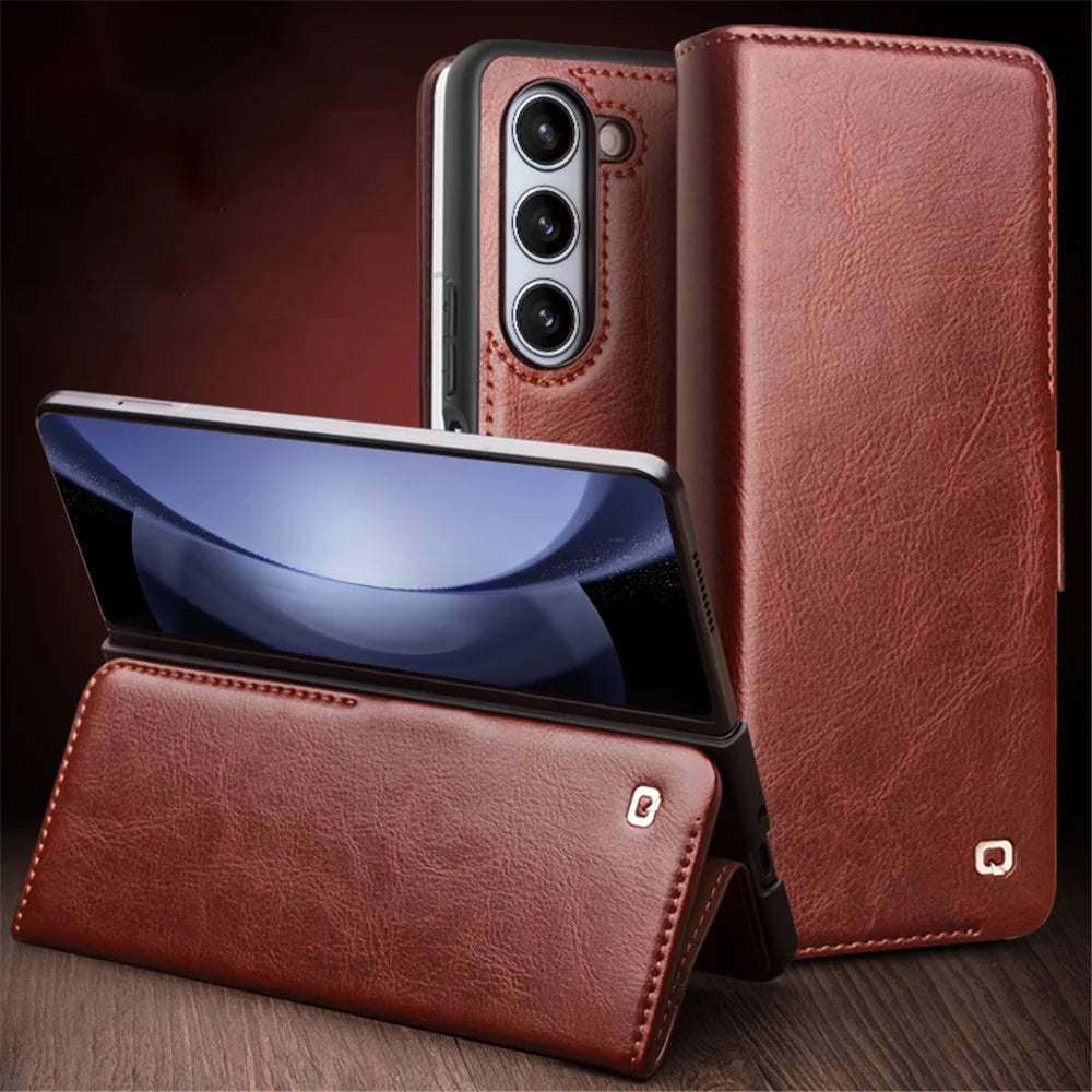 QIALINO Wallet Phone Case for Samsung Galaxy Z Fold5 5G TPU+Genuine Cow Leather Folio Flip Cover - Dark Brown - 5