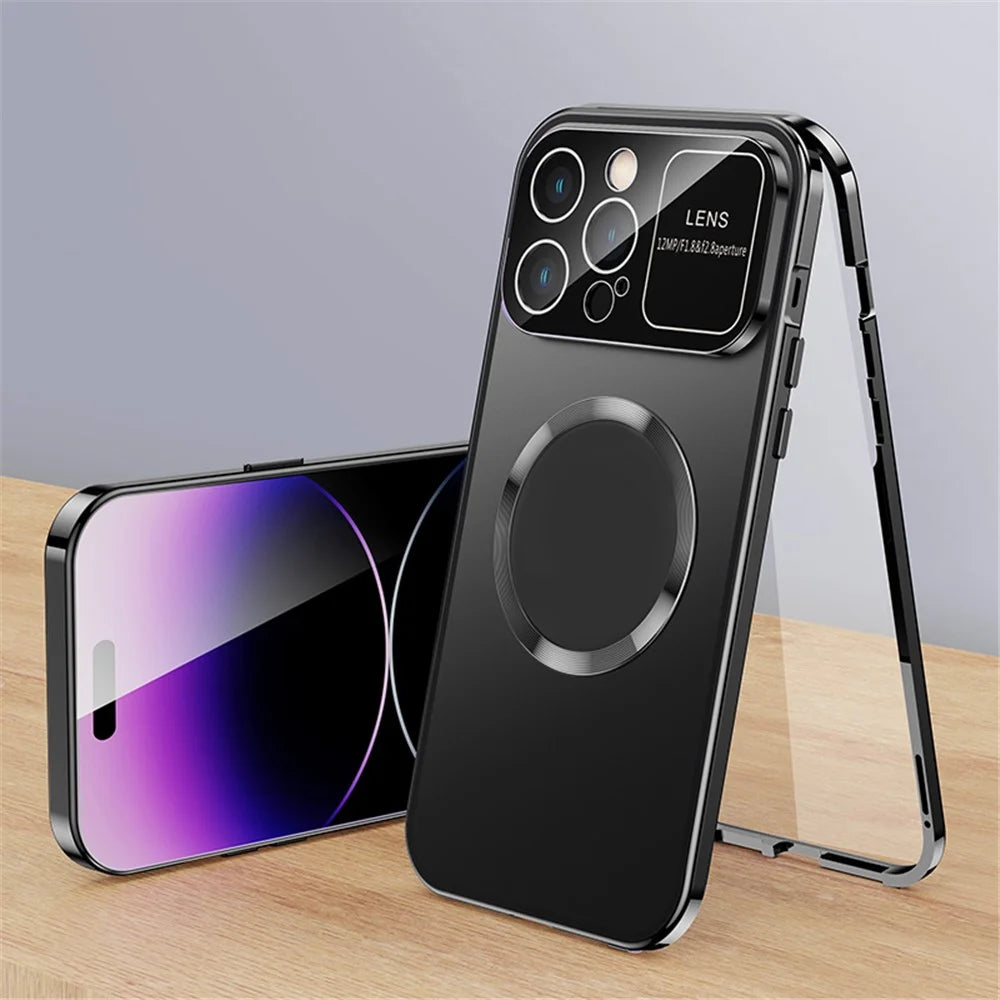For iPhone 14 Pro Max PC + Aluminium Alloy Hybrid Phone Case All-Wrapped Cover Compatible with MagSafe with Tempered Glass Film - Black - 1