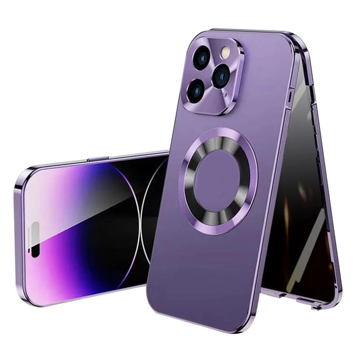 For iPhone 14 Pro Magnetic Phone Case Compatible with MagSafe PC+Aluminium Alloy+ Anti-peep Tempered Glass Phone Cover - Purple - 1