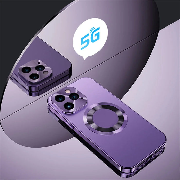 For iPhone 14 Pro Magnetic Phone Case Compatible with MagSafe PC+Aluminium Alloy+ Anti-peep Tempered Glass Phone Cover - Purple - 4