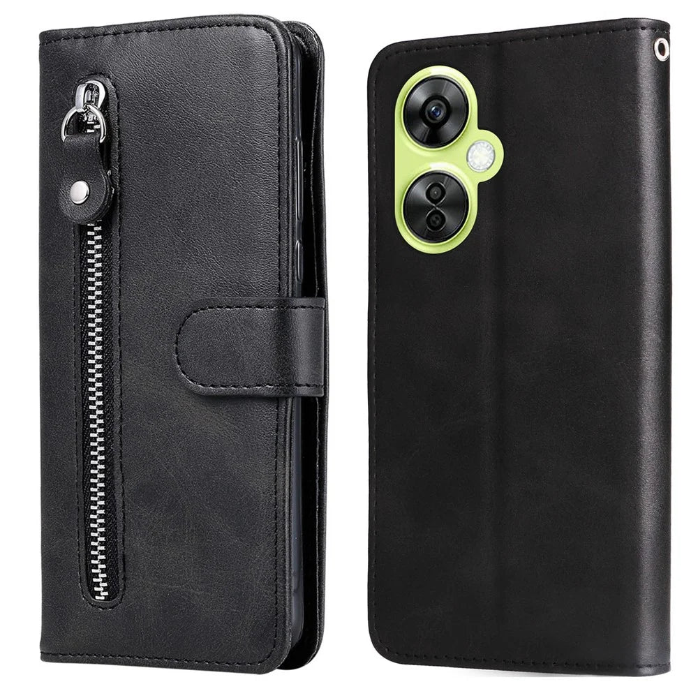 For OnePlus Nord CE 3 Lite 5G / N30 5G / Oppo K11x 5G Calf Texture Shockproof Case Zipper Pocket Wallet Stand Smartphone Cover - Black - 1