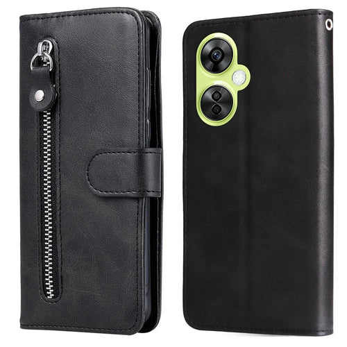 For OnePlus Nord CE 3 Lite 5G / N30 5G / Oppo K11x 5G Calf Texture Shockproof Case Zipper Pocket Wallet Stand Smartphone Cover - Black - 1