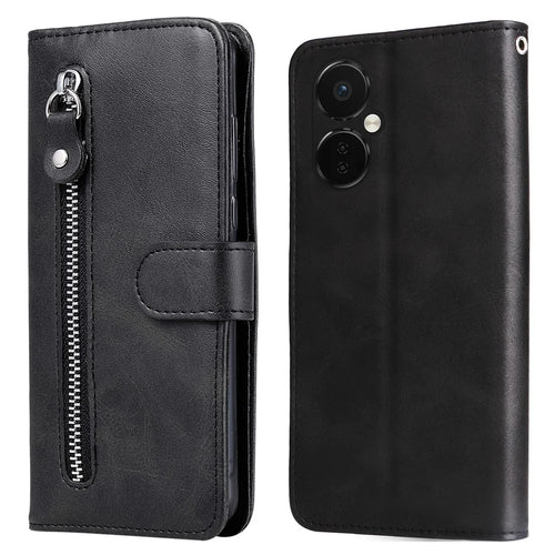 For OnePlus Nord CE3 5G / Oppo K11 5G Zipper Pocket Wallet Stand Phone Case Calf Texture Leather Cover - Black - 1
