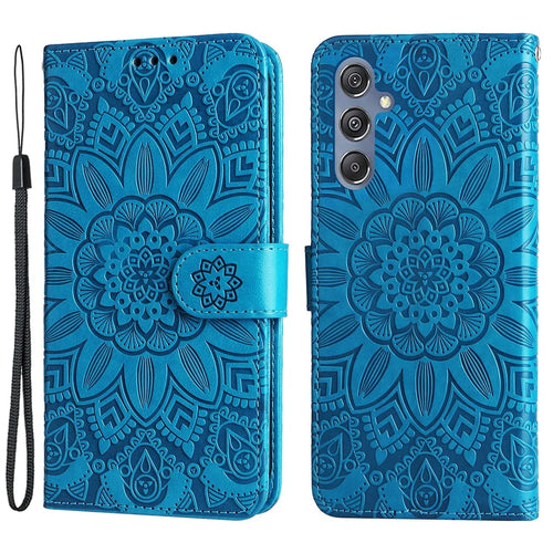 For Samsung Galaxy F34 5G / M34 5G Anti-Scratch Phone Cover Sunflower Imprint PU Leather Wallet Stand Case - Blue - 1