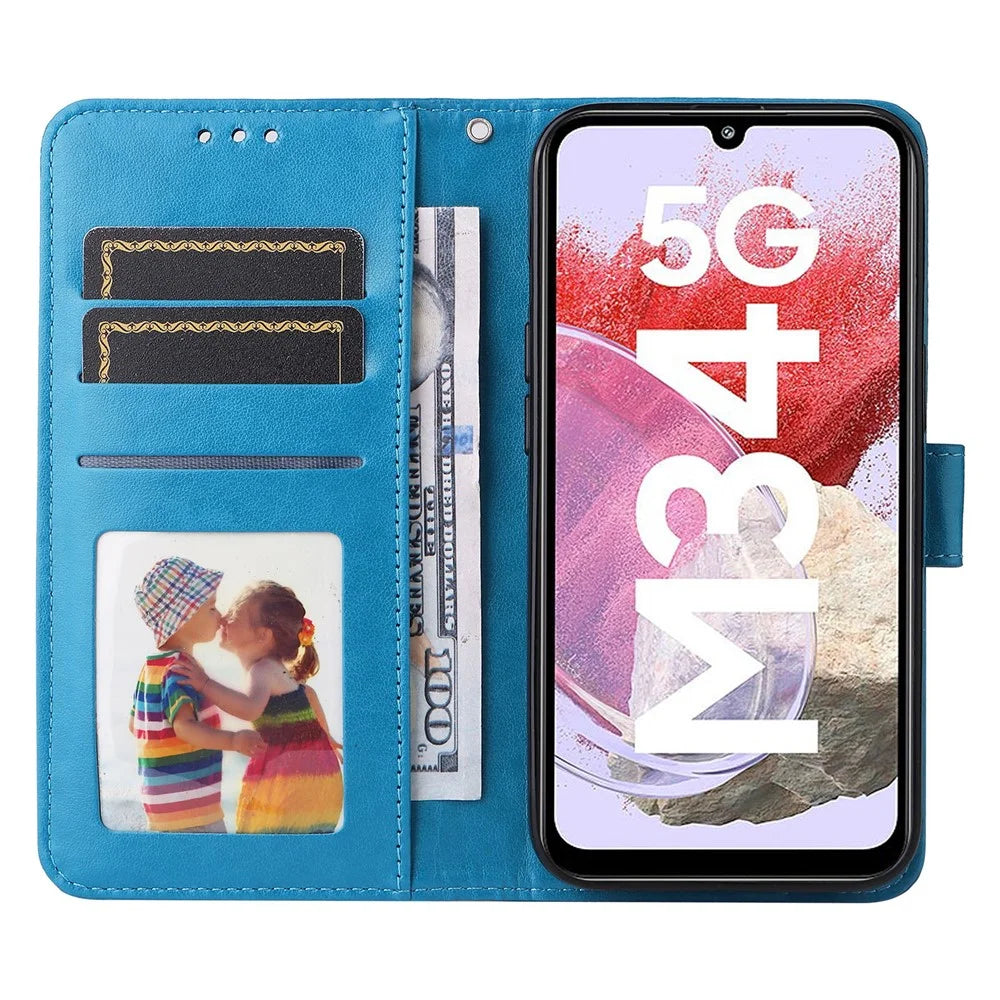For Samsung Galaxy F34 5G / M34 5G Anti-Scratch Phone Cover Sunflower Imprint PU Leather Wallet Stand Case - Blue - 2