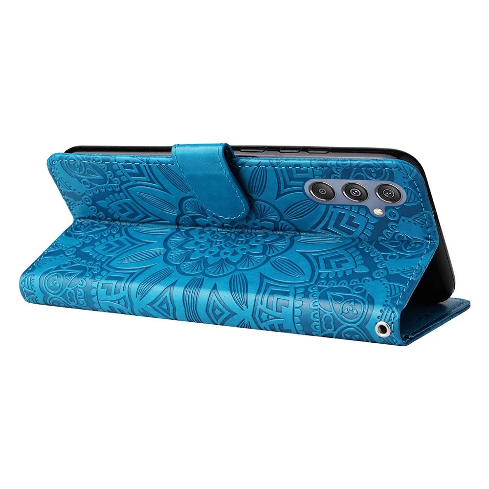 For Samsung Galaxy F34 5G / M34 5G Anti-Scratch Phone Cover Sunflower Imprint PU Leather Wallet Stand Case - Blue - 3