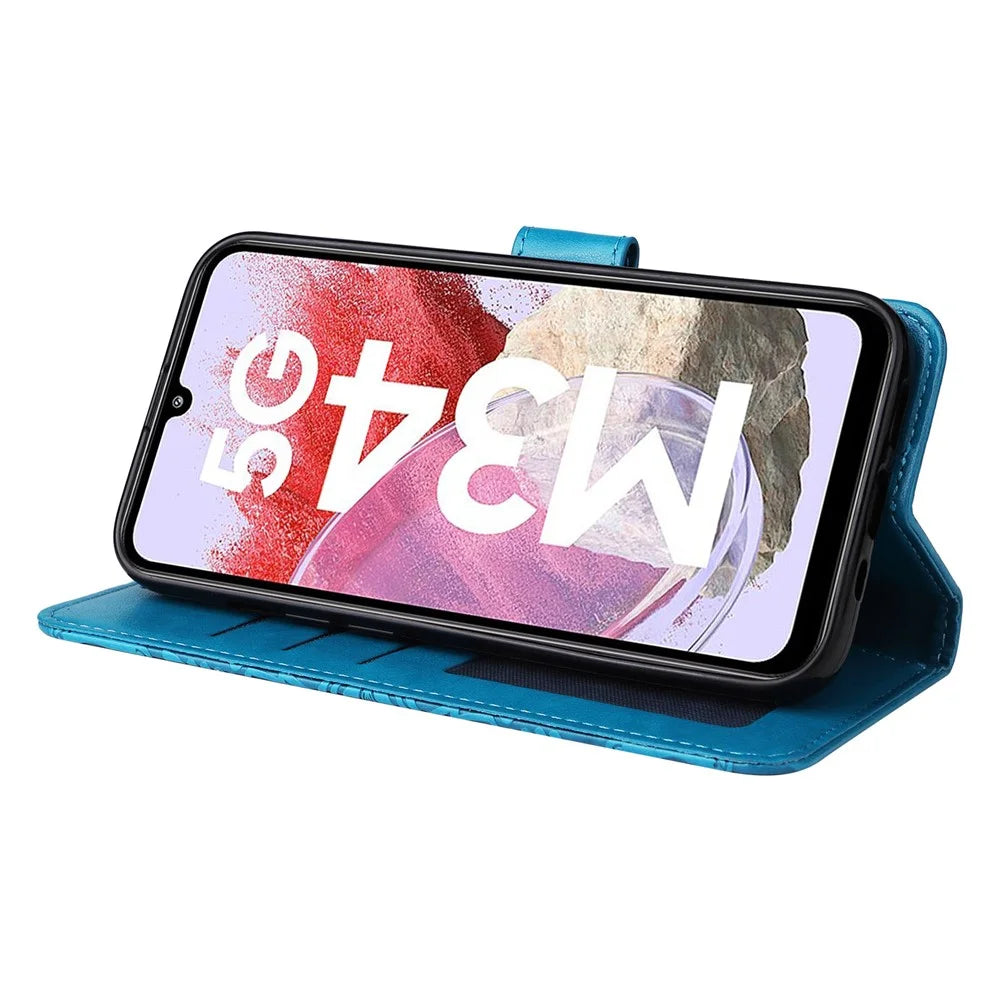 For Samsung Galaxy F34 5G / M34 5G Anti-Scratch Phone Cover Sunflower Imprint PU Leather Wallet Stand Case - Blue - 4