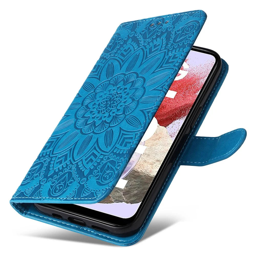 For Samsung Galaxy F34 5G / M34 5G Anti-Scratch Phone Cover Sunflower Imprint PU Leather Wallet Stand Case - Blue - 5