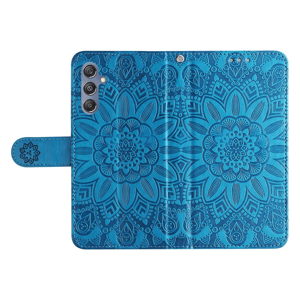 For Samsung Galaxy F34 5G / M34 5G Anti-Scratch Phone Cover Sunflower Imprint PU Leather Wallet Stand Case - Blue - 6