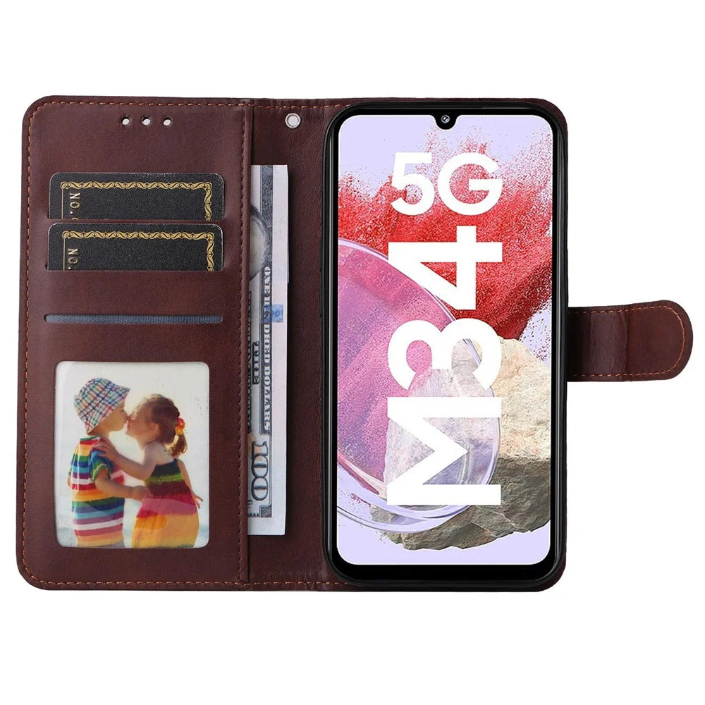 For Samsung Galaxy F34 5G / M34 5G Shockproof Phone Shell Calf Texture PU Leather Wallet Stand Cover - Brown - 2