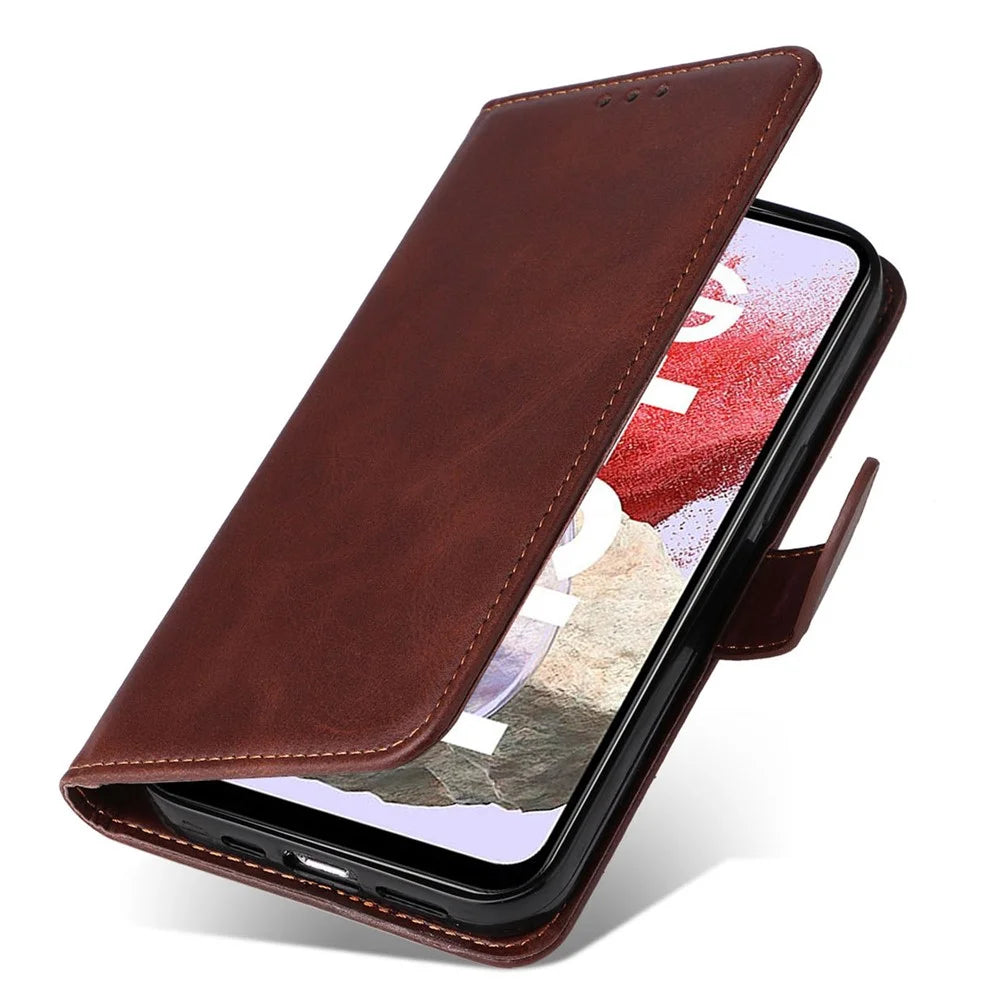For Samsung Galaxy F34 5G / M34 5G Shockproof Phone Shell Calf Texture PU Leather Wallet Stand Cover - Brown - 5