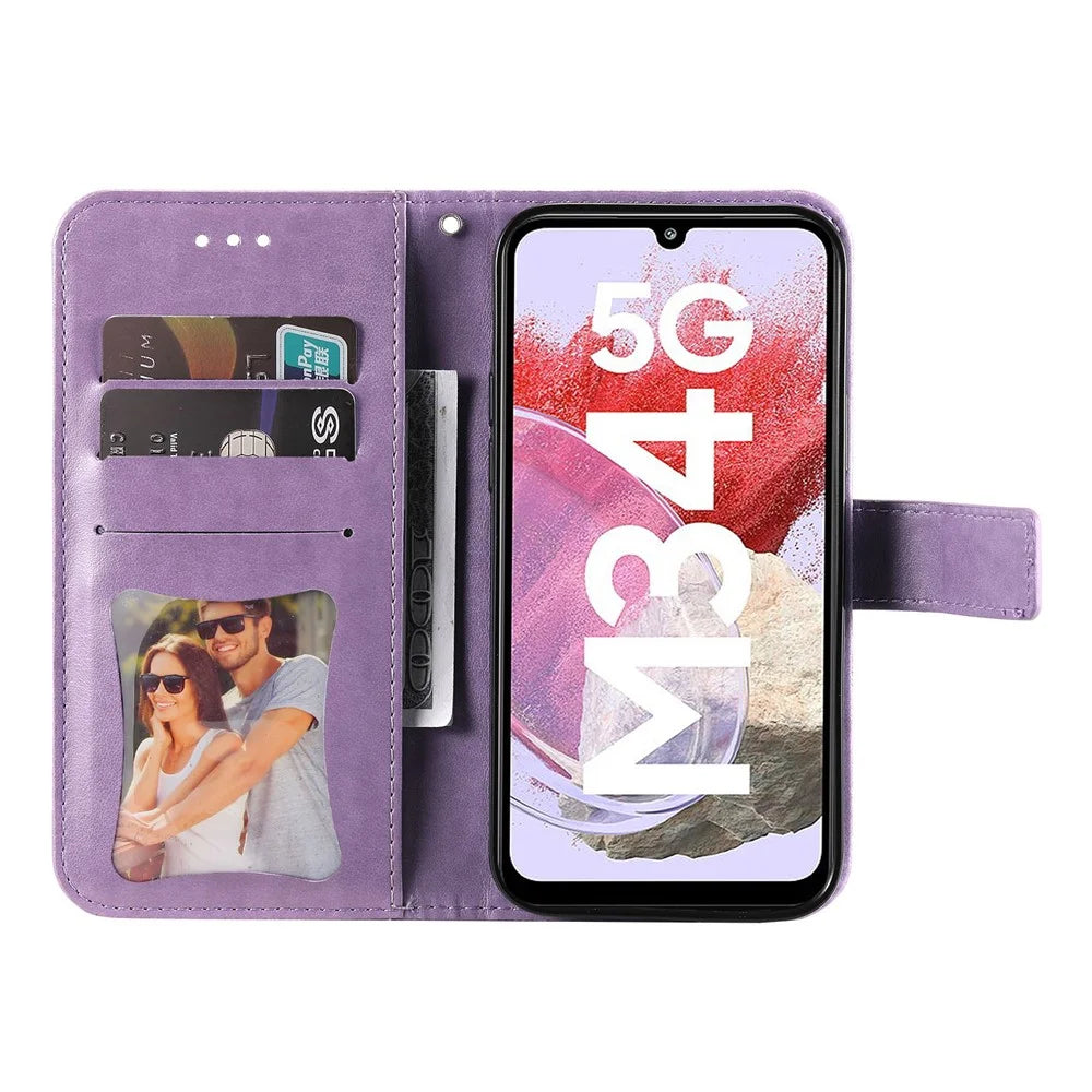 Stand Cover for Samsung Galaxy F34 5G / M34 5G Flower Imprint PU Leather Wallet Phone Case - Purple - 2