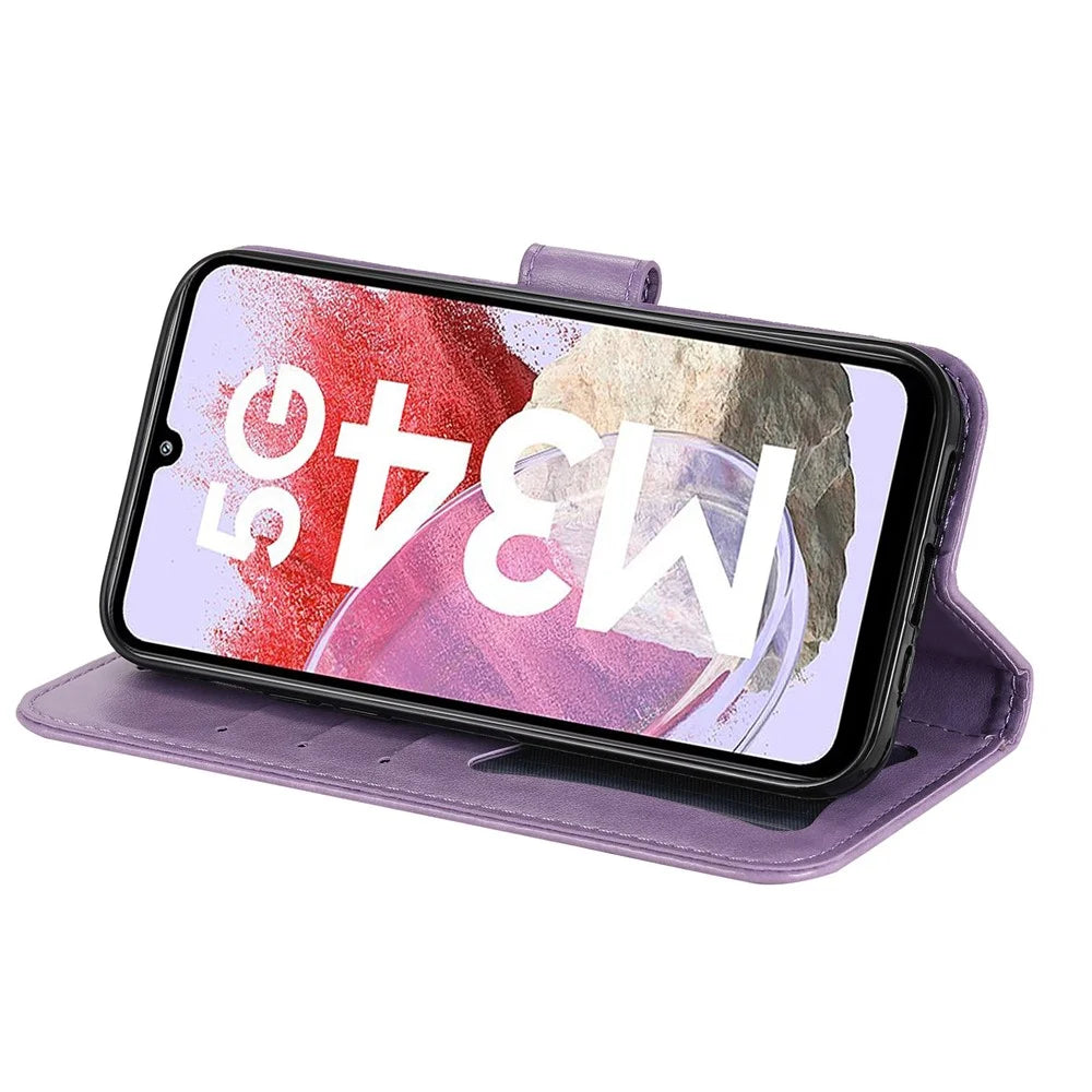 Stand Cover for Samsung Galaxy F34 5G / M34 5G Flower Imprint PU Leather Wallet Phone Case - Purple - 3