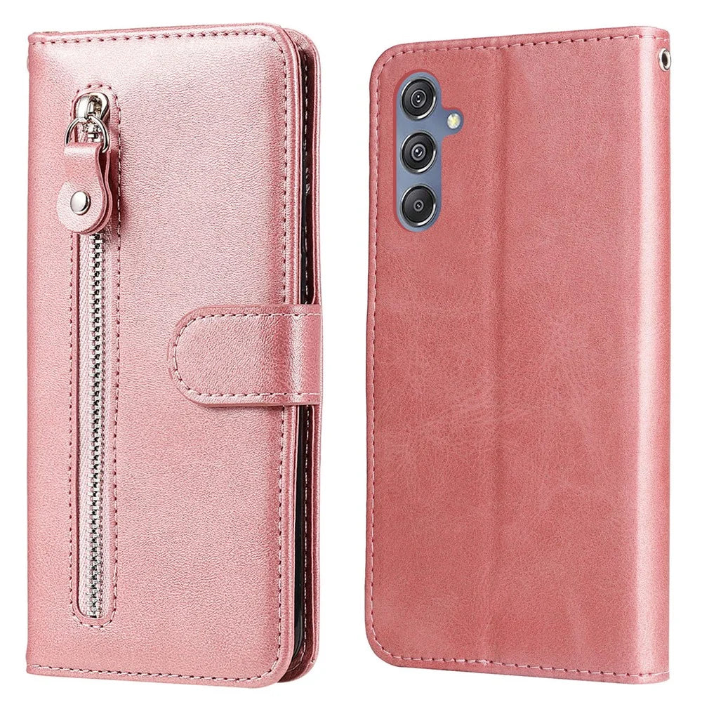 For Samsung Galaxy F34 5G / M34 5G Calf Texture Leather Phone Case Wallet Stand Cover with Zipper Pocket - Pink - 1