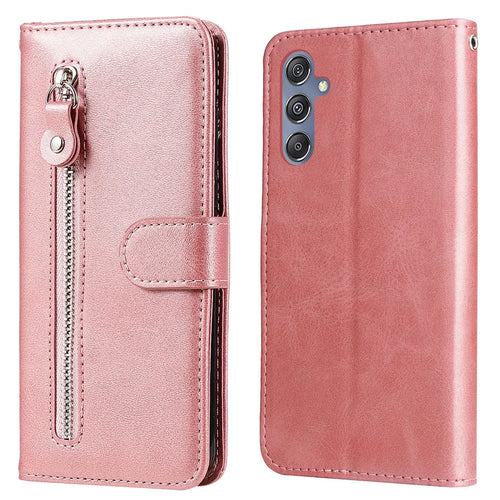 For Samsung Galaxy F34 5G / M34 5G Calf Texture Leather Phone Case Wallet Stand Cover with Zipper Pocket - Pink - 1