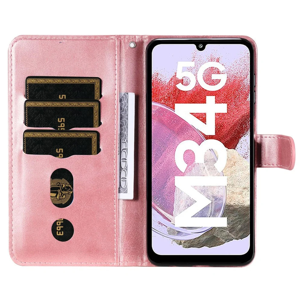 For Samsung Galaxy F34 5G / M34 5G Calf Texture Leather Phone Case Wallet Stand Cover with Zipper Pocket - Pink - 2