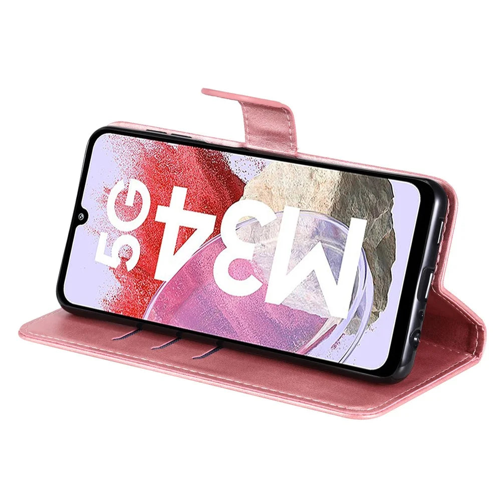 For Samsung Galaxy F34 5G / M34 5G Calf Texture Leather Phone Case Wallet Stand Cover with Zipper Pocket - Pink - 3