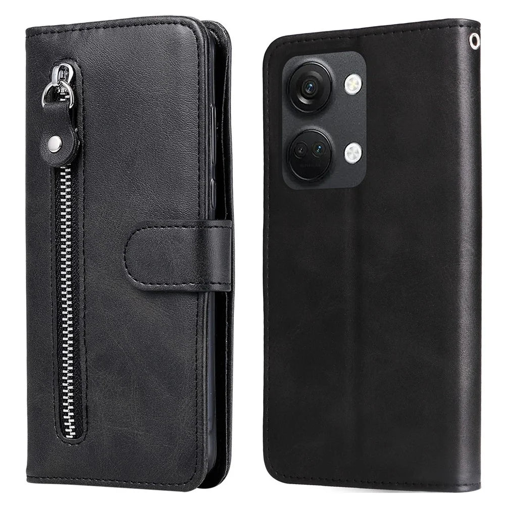 For OnePlus Nord 3 5G / Ace 2V Zipper Pocket Foldable Stand Wallet Case Calf Texture Cell Phone Cover - Black - 1