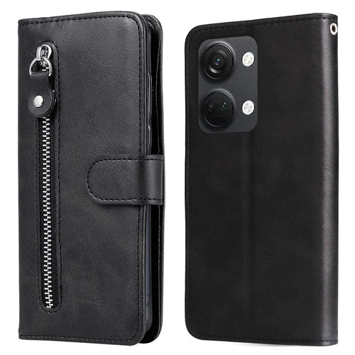 For OnePlus Nord 3 5G / Ace 2V Zipper Pocket Foldable Stand Wallet Case Calf Texture Cell Phone Cover - Black - 1