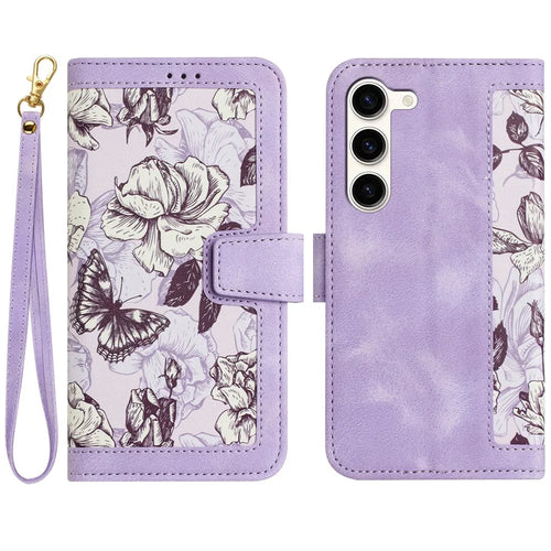 For Samsung Galaxy S23+ Card Holder Phone Case PU Leather Flower Pattern Printing Stand Cover - Light Purple - 1