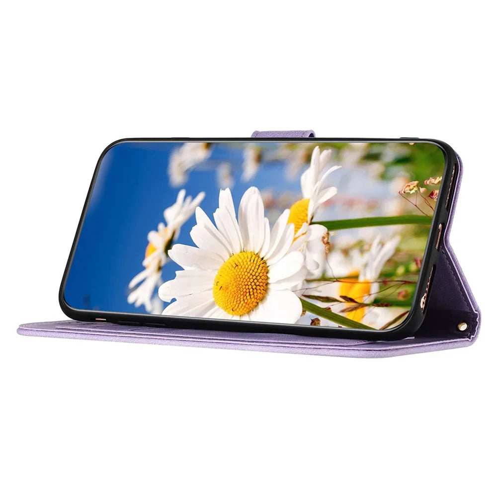 For Samsung Galaxy S23+ Card Holder Phone Case PU Leather Flower Pattern Printing Stand Cover - Light Purple - 2