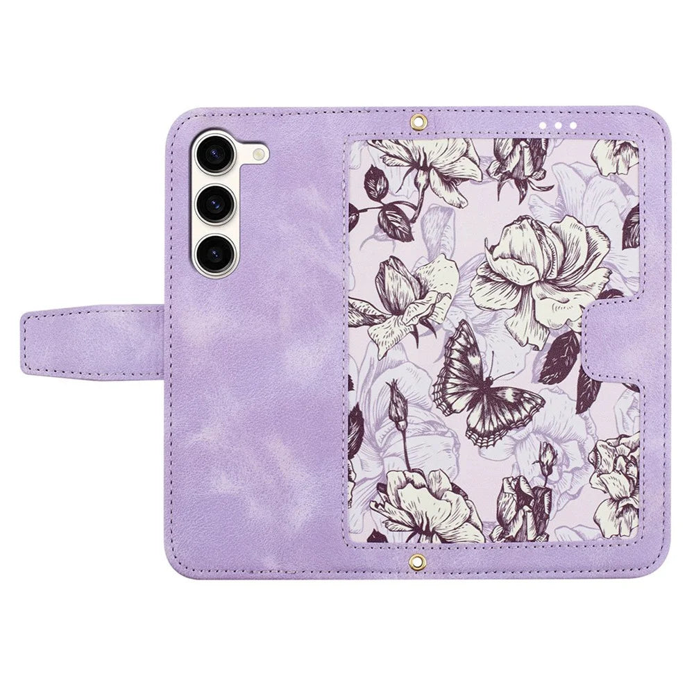 For Samsung Galaxy S23+ Card Holder Phone Case PU Leather Flower Pattern Printing Stand Cover - Light Purple - 4