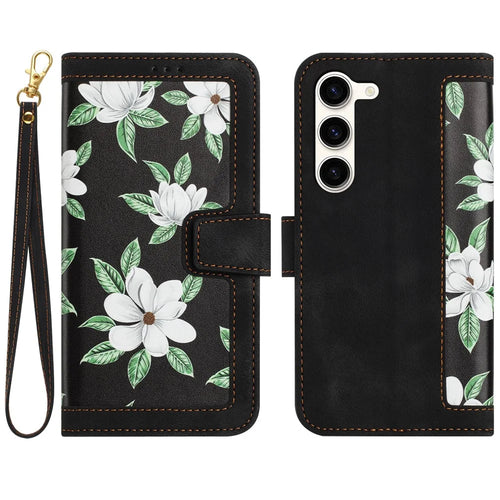 For Samsung Galaxy S23 Flower Pattern Printing Leather Case Phone Cover with Card Slots Stand - Black - 1