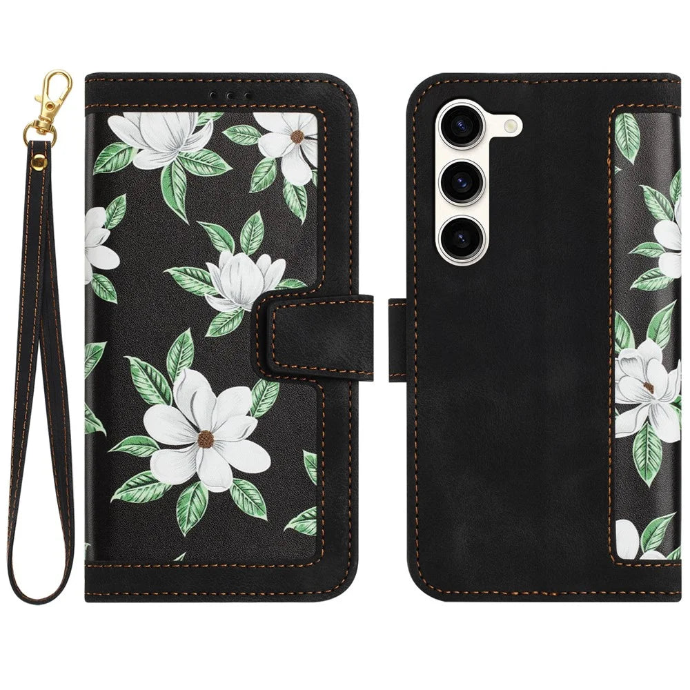For Samsung Galaxy S23 Flower Pattern Printing Leather Case Phone Cover with Card Slots Stand - Black - 1