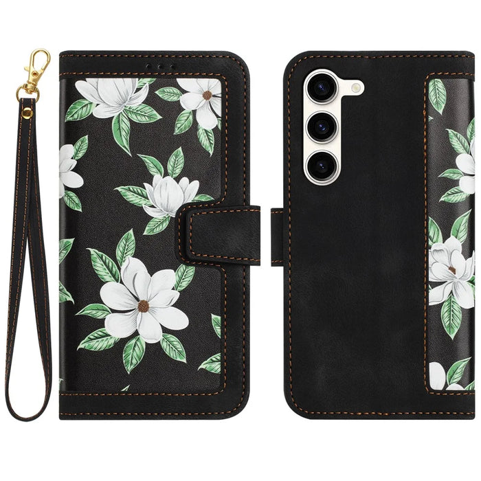 For Samsung Galaxy S23 Flower Pattern Printing Leather Case Phone Cover with Card Slots Stand - Black - 1