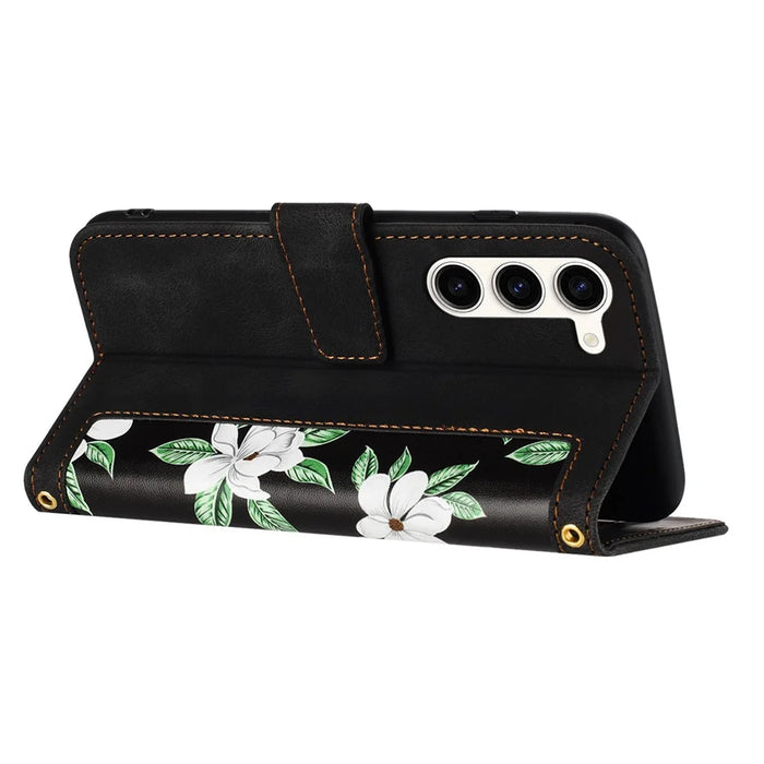 For Samsung Galaxy S23 Flower Pattern Printing Leather Case Phone Cover with Card Slots Stand - Black - 4