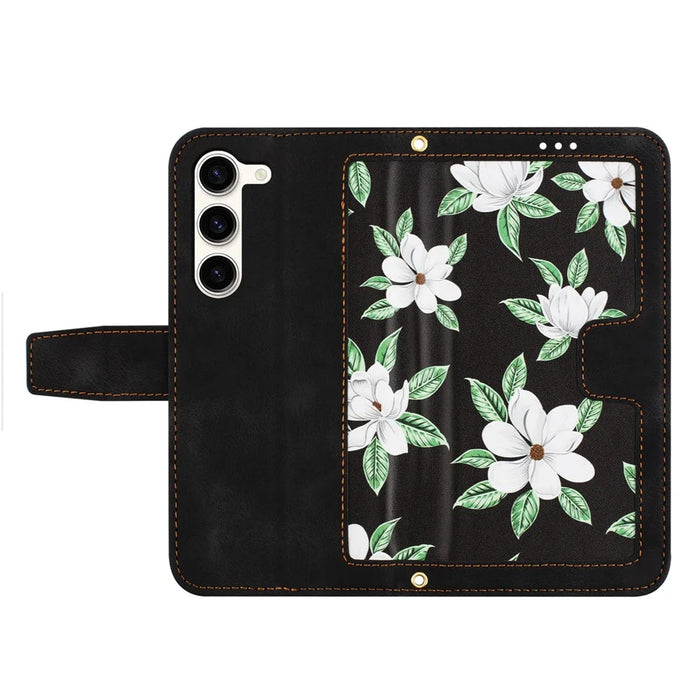 For Samsung Galaxy S23 Flower Pattern Printing Leather Case Phone Cover with Card Slots Stand - Black - 5