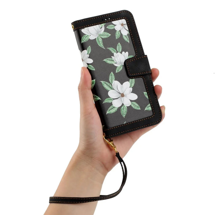 For Samsung Galaxy S23 Flower Pattern Printing Leather Case Phone Cover with Card Slots Stand - Black - 7
