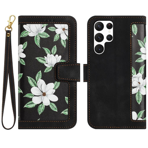 For Samsung Galaxy S23 Ultra PU Leather Case Flower Pattern Printing Card Holder Phone Stand Cover - Black - 1