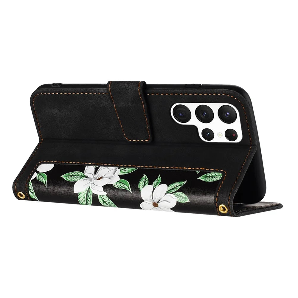 For Samsung Galaxy S23 Ultra PU Leather Case Flower Pattern Printing Card Holder Phone Stand Cover - Black - 4