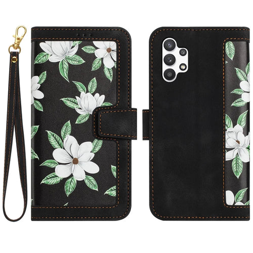 For Samsung Galaxy A13 4G / 5G Card Slots Phone Stand Case PU Leather Flower Pattern Printing Cover - Black - 1